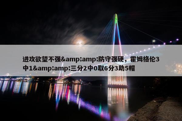 进攻欲望不强&amp;防守强硬，霍姆格伦3中1&amp;三分2中0取6分3助5帽